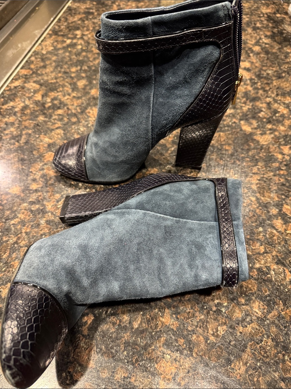 Tory Burch Gracie Navy Blue Suede Alligator Leather Boots Booties Sz 7